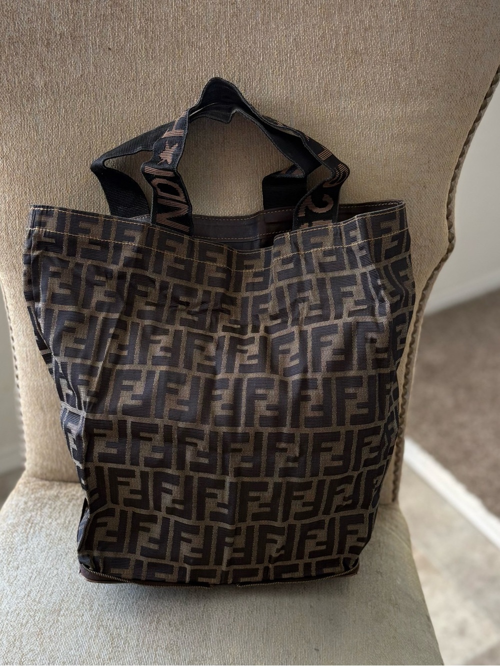 Fendi Brown and Black Zucca Zip Pouch with Gold-Tone Hardware